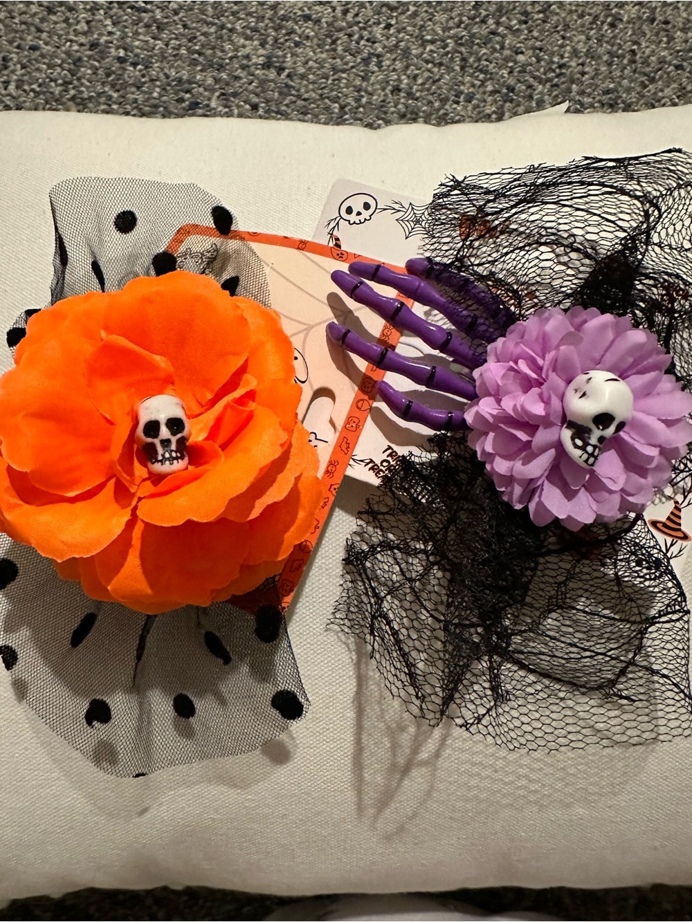Halloween Flower Hair Clips with Skull Accent - Orange and Purple